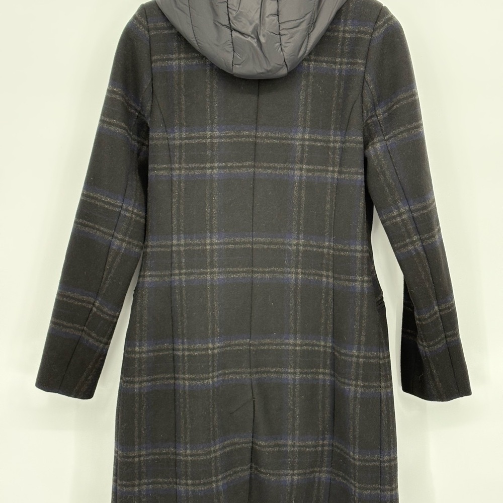 🧲 IKKS Black blue and Gray Plaid wool blend coat w zip out black puffer hoodie - Picture 9 of 12